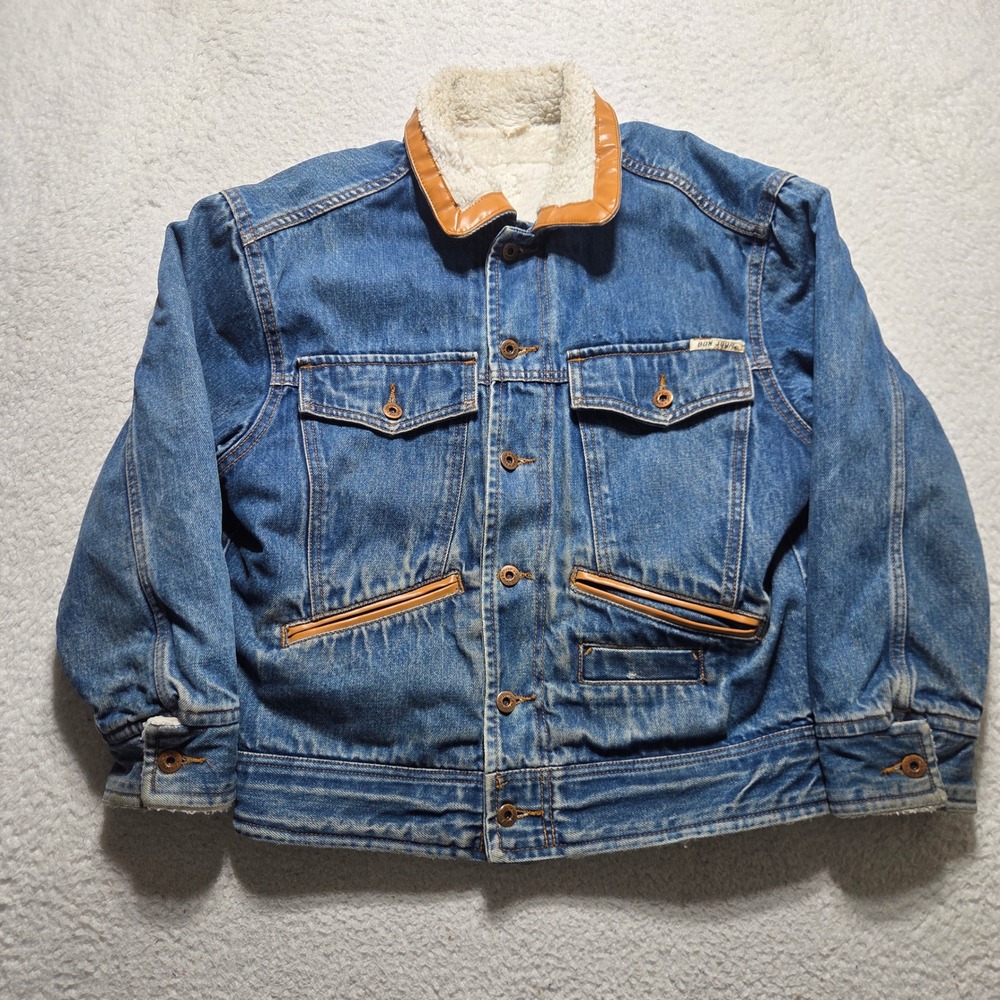 Vintage 80s Bon Jour Denim Jacket Mens Medium Blue Sherpa Lined Faux Leather